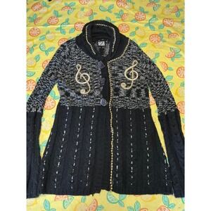 Whimsygoth Womens Z Music Treble Clef Beaded Knit Cardigan Sweater M Black Gold